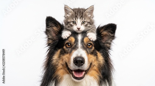 A happy dog with a fluffy grey kitten sitting on its head against white background with open mouth small wide open companionship
