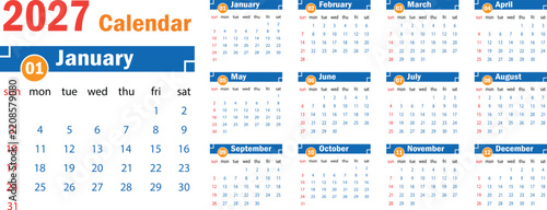 2027 Calendar Template, Simple Desk or Wall Calendar Design, Sunday Start, Vector Illustration