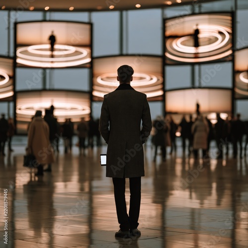 Giant television screens controlling a crowd of mesmerized people under a hypnotic glowing light in a dark dystopian atmosphere.