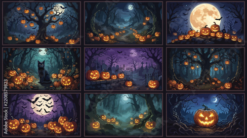 Collection of spooky halloween backgrounds featuring carved pumpkins glowing in a dark forest under a full moon