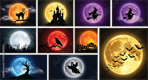 Collection of halloween background illustrations featuring silhouettes of witches haunted castles and bats against full moons