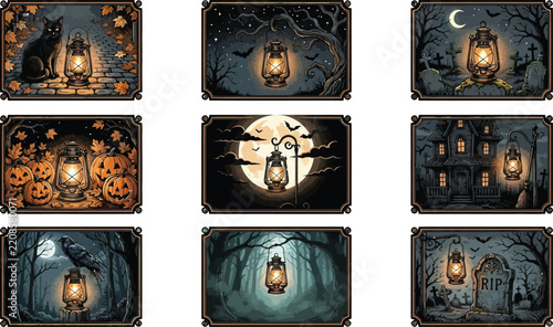 Collection of magical lanterns glowing in dark mysterious forest settings with moonlit night backgrounds and atmospheric lighting