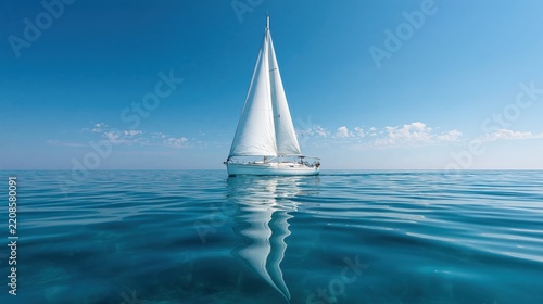 Single white sailboat floating on a calm turquoise ocean under a clear blue sky with gentle water ripples reflecting the bright summer sun