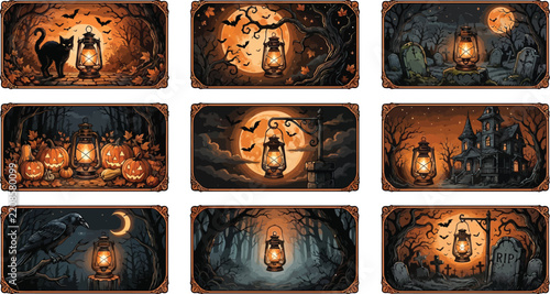 Collection of spooky halloween backgrounds featuring glowing lanterns pumpkins black cats and dark atmospheric forest scenes