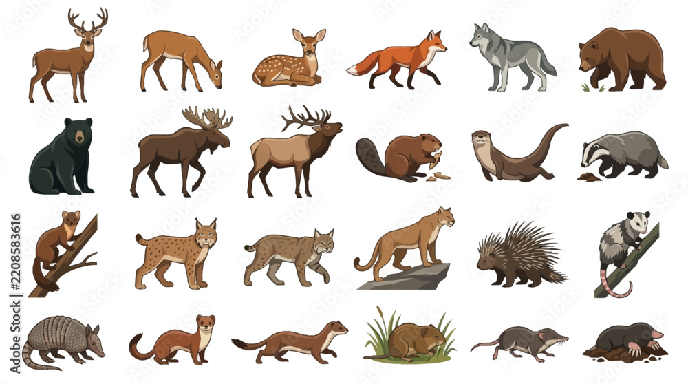 Obraz premium Farm Domestic Animals Vector Illustration Collection