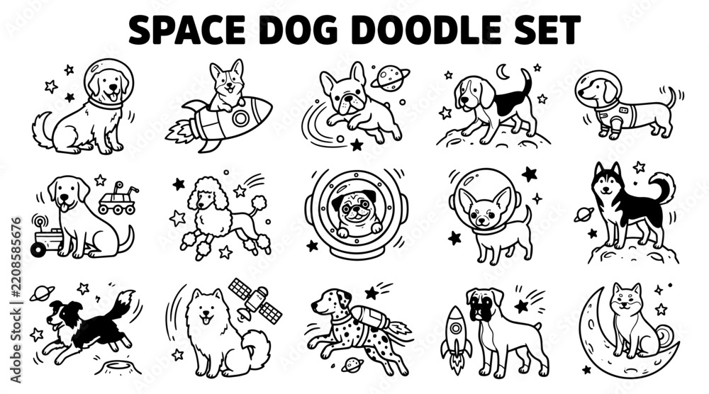 Obraz premium Space dog doodle set featuring cute puppies in astronaut suits and rockets for cosmic design projects
