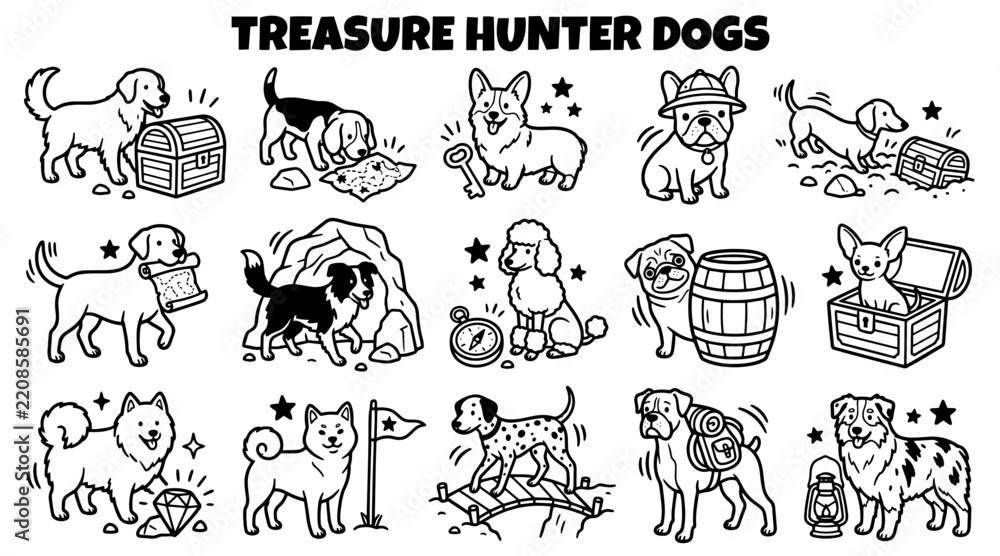 Fototapeta premium Treasure hunter dog breeds doodle set with chests and maps in black and white line art style