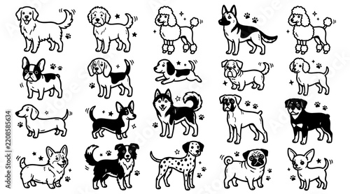 Popular dog breeds doodle set featuring various canine characters in a minimalist line art style