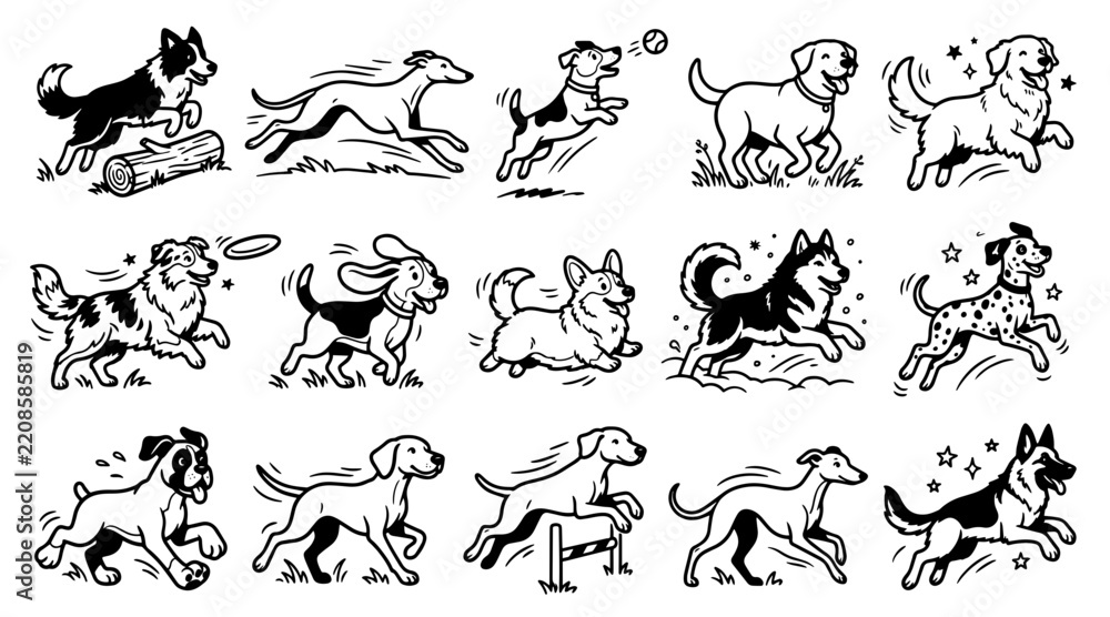 Fototapeta premium Set of various dog breeds running and jumping in a playful hand drawn vector illustration style