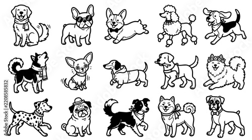 Set of cute dog breeds with accessories in hand drawn doodle style on white background