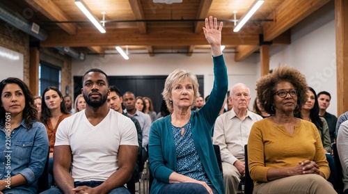 Senior caucasian woman raising hand to ask question during public audience session. Diverse citizens gathering for town meeting and community discussion in conference hall.