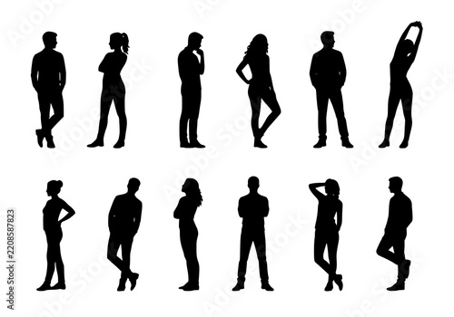 Vector silhouettes man and women, illustration. Silhouettes of young people posing in casual clothes. JPEG version.