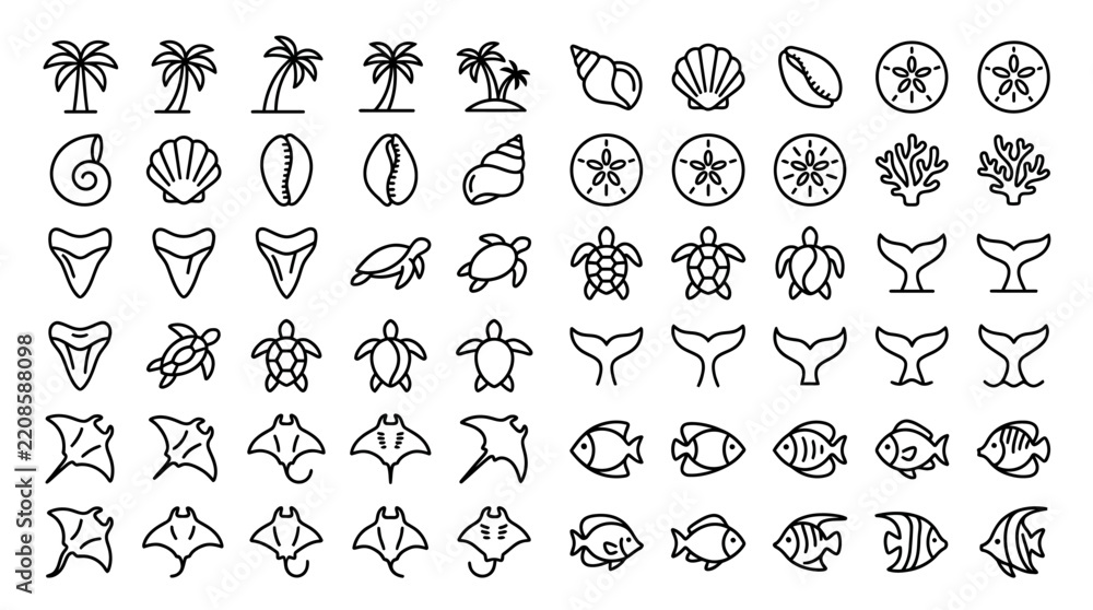 Obraz premium Black-and-white line art icons depicting hands, celestial bodies, and geometric shapes organized in a structured grid for modern graphic design projects.