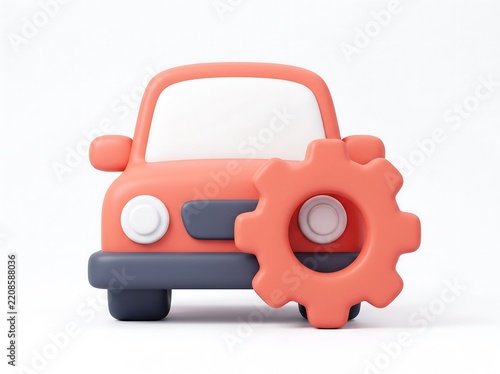 3D red passenger car icon with a large gear symbol on a white background