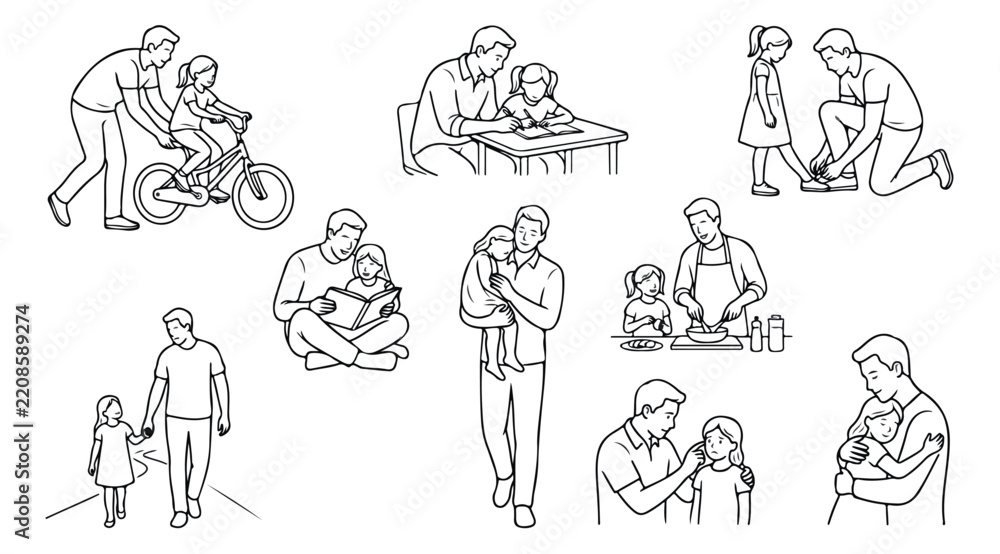 Fototapeta premium Father and daughter vector line art set, dad parenting scenes outline collection, fatherhood line drawing illustrations for family design projects