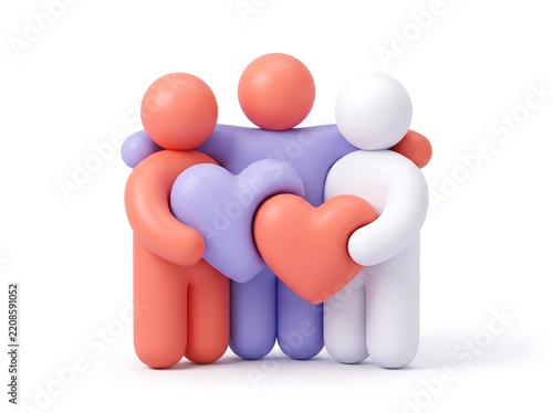 Three stylized figures hugging and holding hearts as a symbol of unity and friendship with community 3D