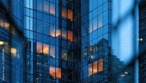 Modern glass skyscraper facade at dusk with glowing apartment windows.