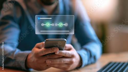Person using smartphone with digital biometric authentication interface.