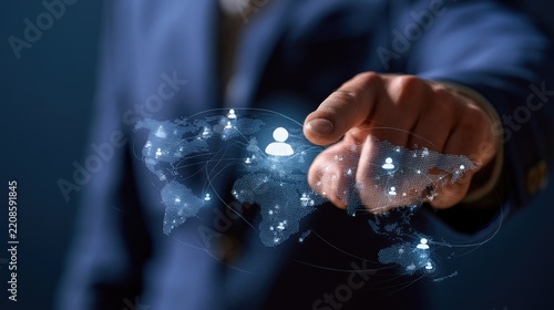 Businessman holding digital human network connection hologram in hand.