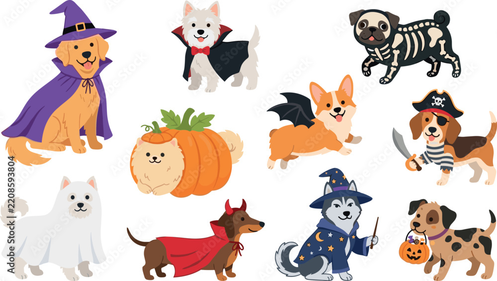 Obraz premium Cute Halloween Dog Illustration Collection Featuring Witch Pirate Vampire Skeleton and Pumpkin Costumes for Spooky Children Designs