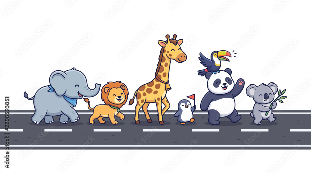 Obraz premium Group of cute cartoon wild animals walking together on the road vector illustration