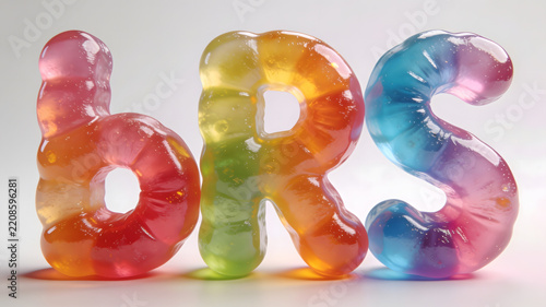 Multicolored gelatinous letters b r s in bright candy shapes. Suitable for designs needing vibrant, glossy, and translucent elements.