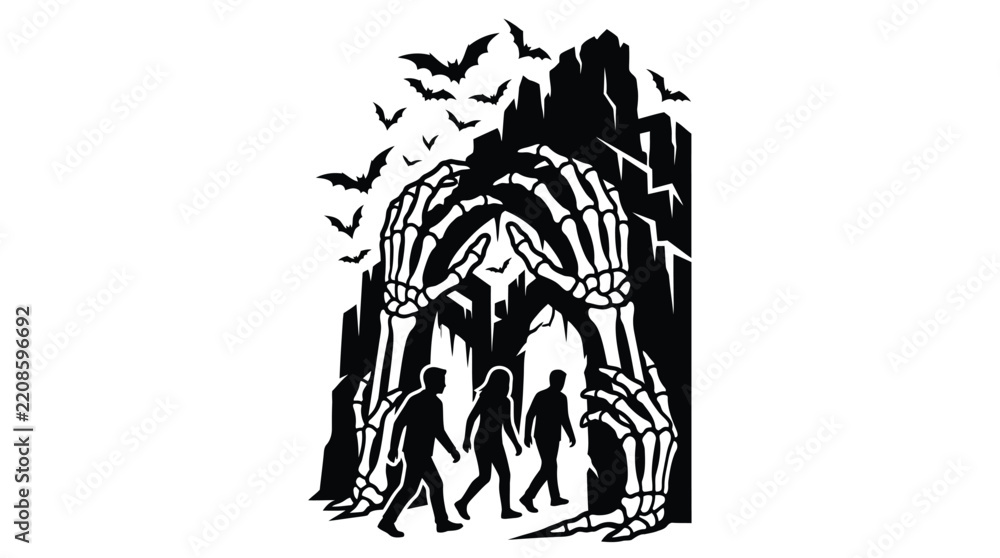 Fototapeta premium Spooky skeleton hands framing terrified people escaping haunted cave surrounded by flying bats