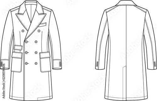 Double Breasted Long Coat Technical Fashion Template, Front and Back View Apparel Outline for Garment Design Development