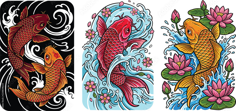 Obraz premium Japanese Koi Fish Illustration Set with Colorful Carp, Ocean Waves, Lotus Flowers, and Cherry Blossoms for Tattoo, Poster, Print, Textile, and Decorative Designs