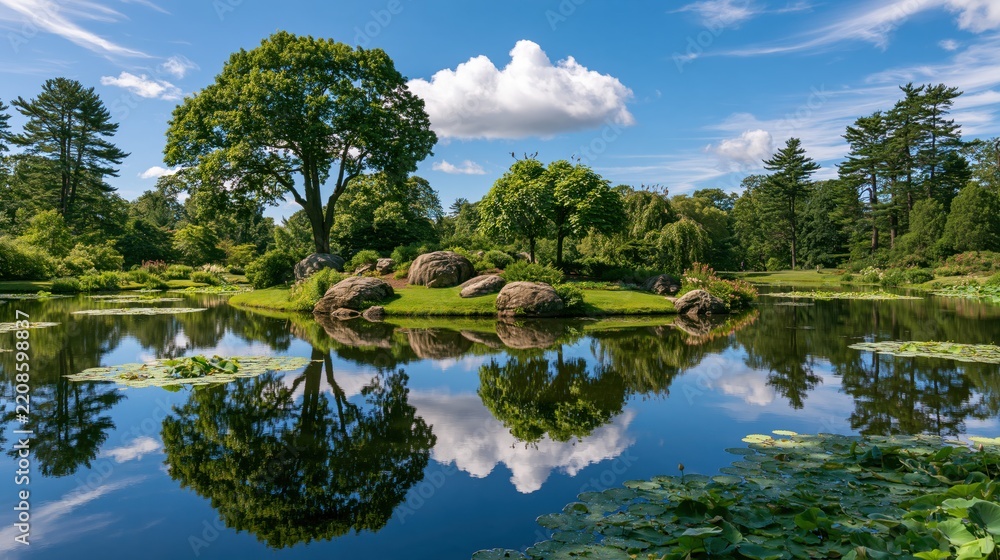 Fototapeta premium A serene japanese garden pond with a small grassy island featuring large boulders, lush green trees, and water lily pads under a blue sky