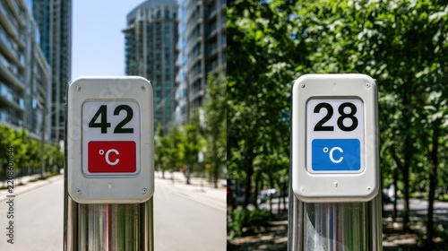 Comparison of city street temperature readings showing urban heat island effect.
