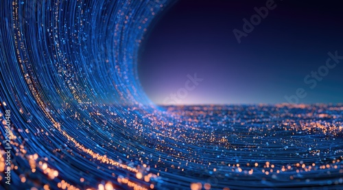 Futuristic Digital Cityscape with Abstract Data Flow and Light Trails.