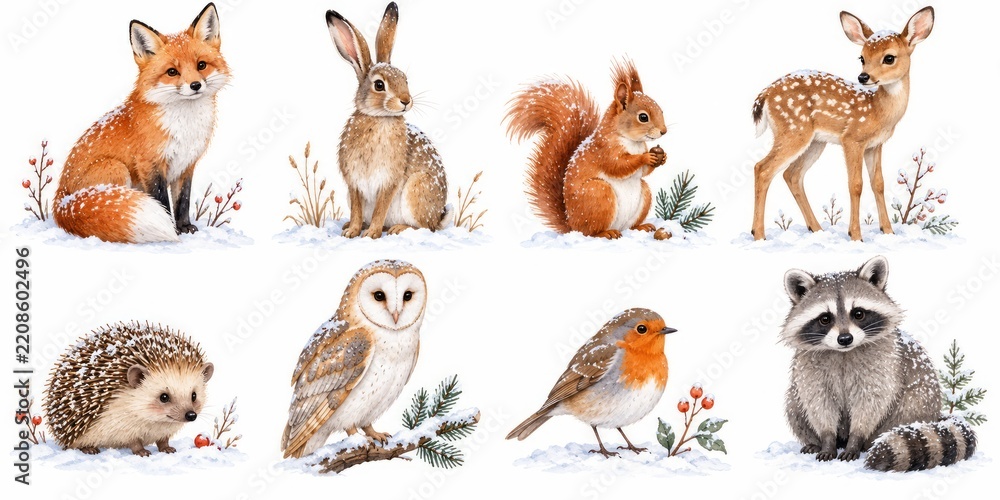 Obraz premium Watercolor winter woodland animal set with fox, rabbit, squirrel, deer, hedgehog, owl, robin and raccoon isolated on white background. cute wildlife illustration, nursery clipart collection