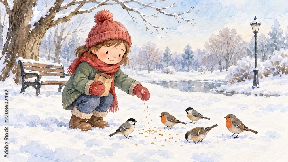 Fototapeta premium Watercolor child feeding small birds in a snowy winter park landscape. cozy winter scene with girl, birds, trees, bench, and lamppost in tranquil, snowy surroundings