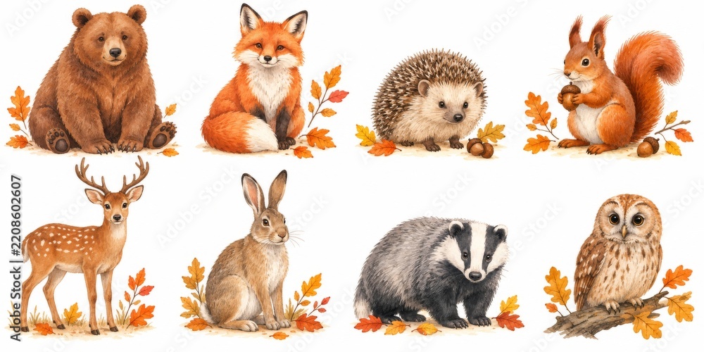 Obraz premium Watercolor autumn woodland animal collection with bear, fox, hedgehog, squirrel, deer, rabbit, badger, and owl. fall wildlife illustrations with leaves and acorns on white background