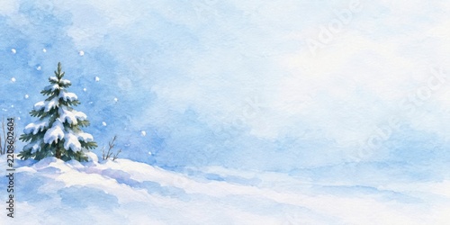 Watercolor snowy pine tree winter background with serene atmosphere and copy space. peaceful landscape illustration for seasonal design, nature art, holiday theme, banner