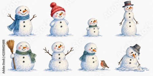 Watercolor cheerful winter snowman character set with scarf, hat, broom isolated on white background. cute holiday snowmen illustration for christmas, new year designs.