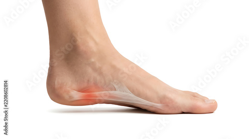 Close up of human foot highlighting plantar fasciitis heel pain and inflammation with medical illustration graphic overlay for healthcare education