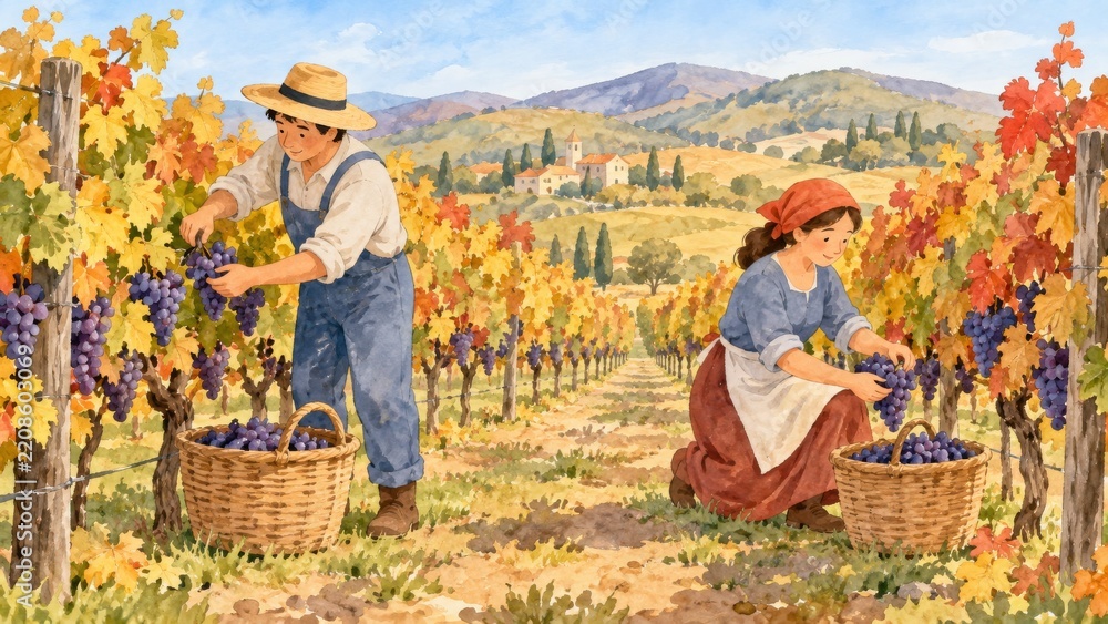 Fototapeta premium Watercolor vineyard harvest scene with farm workers collecting ripe grapes in colorful autumn landscape. rustic agricultural illustration, fall countryside artwork.