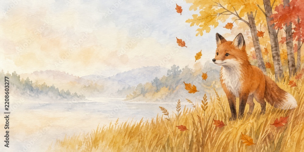 Obraz premium Watercolor red fox in golden autumn meadow with falling leaves and misty forest view. nature scene with fox, trees, and serene landscape illustration, copy space, banner