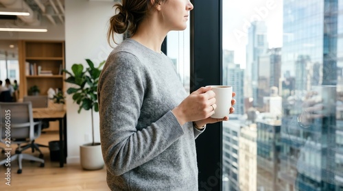 Woman reaching for black headphones on a marble desk with coffee and laptop in a bright home office