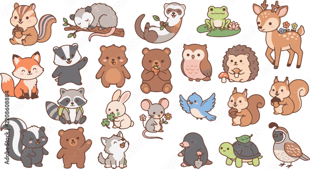 Fototapeta premium Cute Woodland Animal Character Collection Featuring Squirrels Foxes Raccoons Bears Owls Rabbits Deer and Other Forest Friends