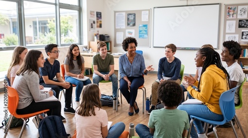 A black female teacher leads an engaging classroom discussion with a diverse group of teenagers