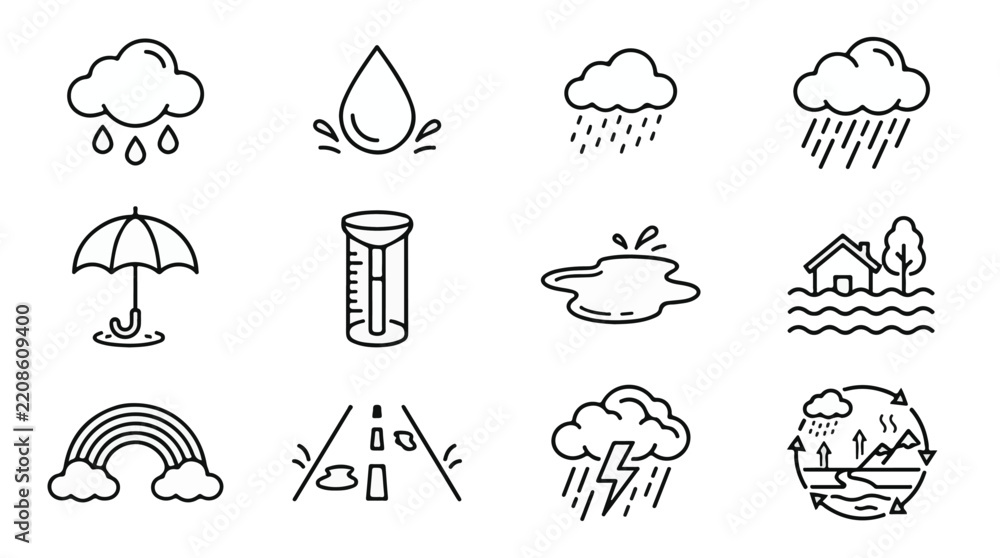 Obraz premium Rain and Water Weather Forecast Vector Line Icon Set, Rainfall Raindrop Water Cycle and Storm, Black Outline Art 