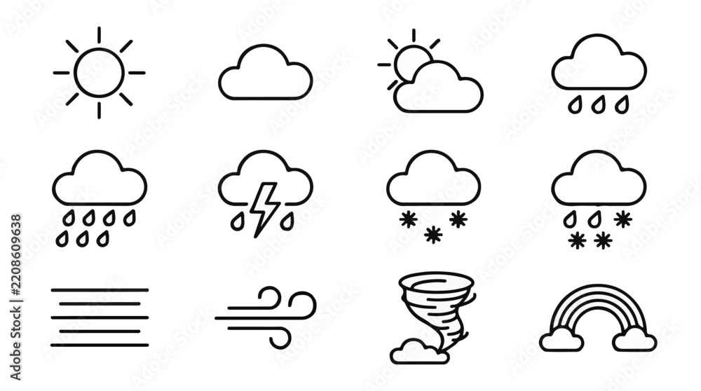 Obraz premium Meteorological Weather Forecast Vector Line Icon Set, Sun Cloud Rain Snow Tornado Rainbow, Black Outline UI Art 