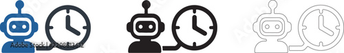AI Robot and Clock Icon Set Representing Process Automation, Artificial Intelligence Efficiency, Real-Time Processing, and Time Management
