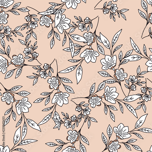White Outline Flowers Vector Seamless Pattern