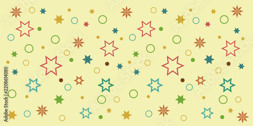 Seamless vector pattern with six-pointed star and circle image on Yellow background.