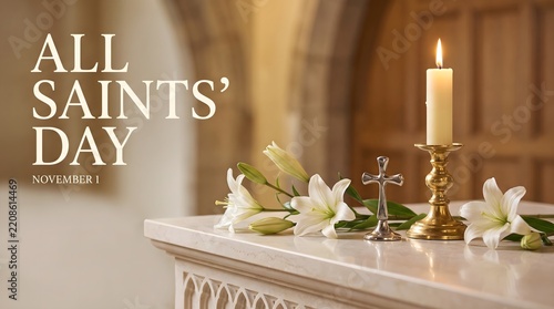 Altar table with white lilies, a silver cross, and a lit candle, with 'ALL SAINTS' DAY November 1' text overlaid on a blurred background.
