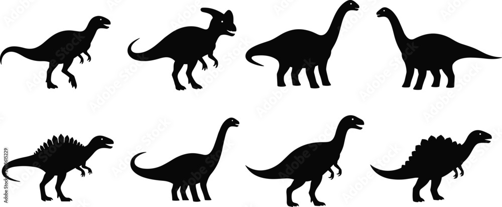 Obraz premium Diverse Dinosaur Silhouettes Collection: Various Prehistoric Creatures Including Tyrannosaurus, Stegosaurus, and Brontosaurus for Educational and Kids' Designs